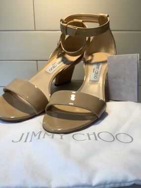 Jimmy Choo Nude Patent Leather Ankle-Strap Block Heel Sandals